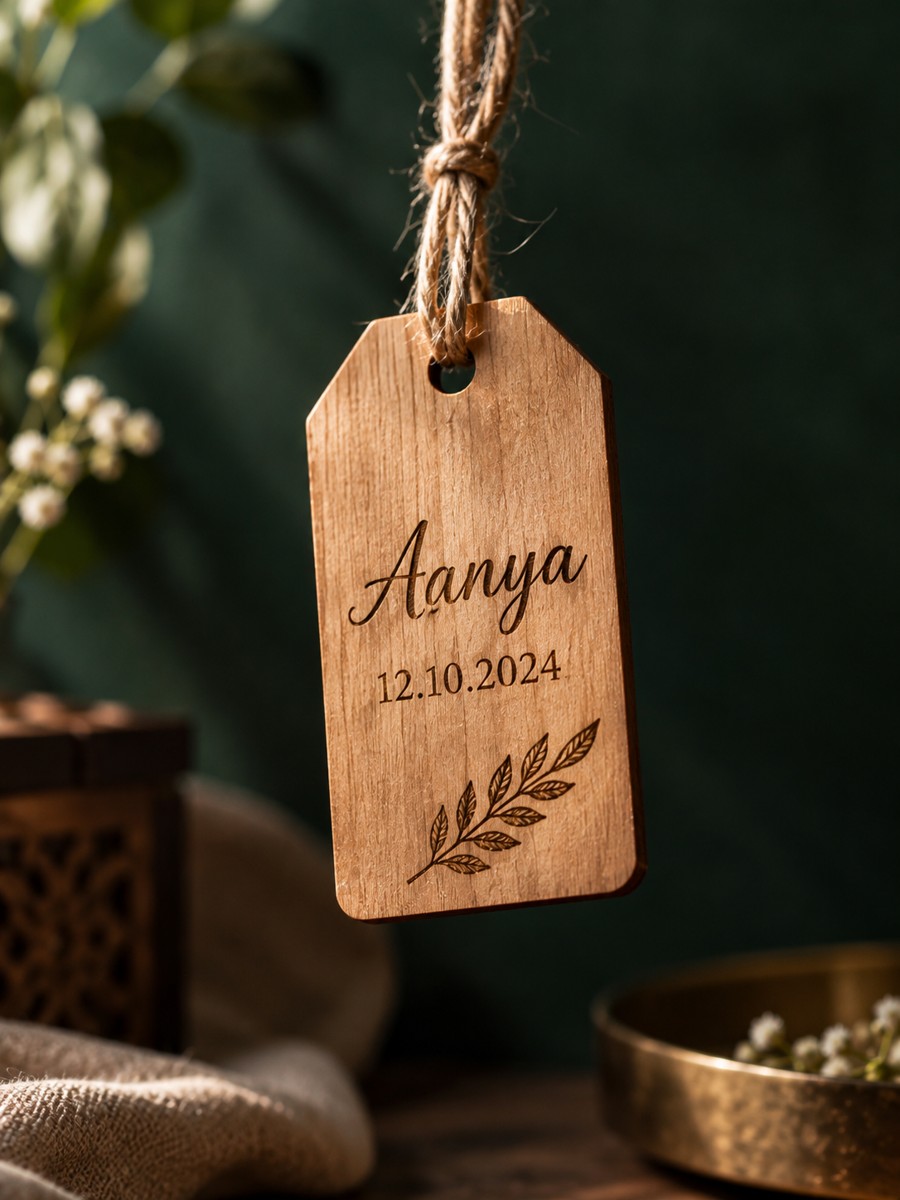 Engraved wooden gift tag reading Aanya hanging from twine