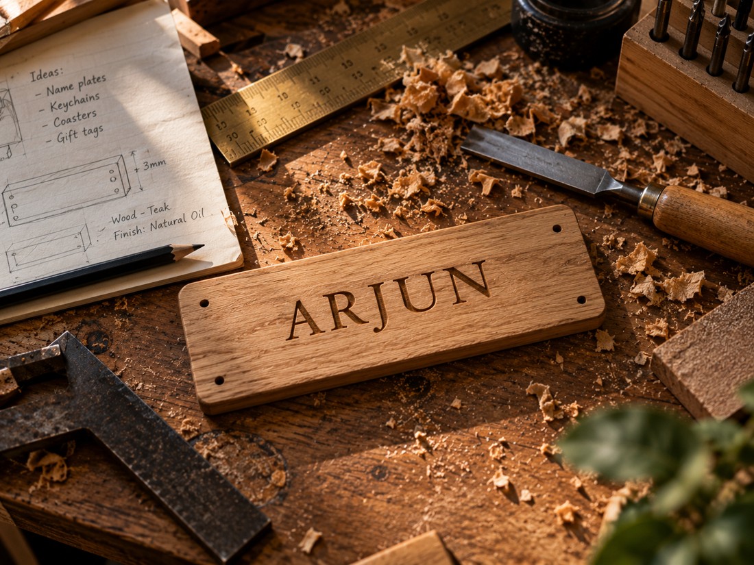 Workshop desk with an engraved wooden nameplate